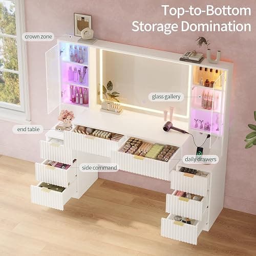 HAUOMS Big Vanity, Fluted Wood Makeup Vanity Desk with Mirror and Sound Sync LED Lights, Large Vanity Dressing Table, 8 Drawers, Charging Station for Girls, Women (White, 59.1" Width) thumbnail 6