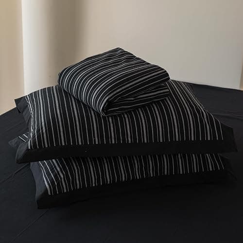 SUSYBAO Black Striped Duvet Cover King 100% Washed Cotton Farmhouse Pinstripe Duvet Cover 3 Pieces Set 1 White Stripe Duvet Cover with Zipper Ties 2 Pillow Shams Soft Classic Geometric Bedding Set thumbnail 7