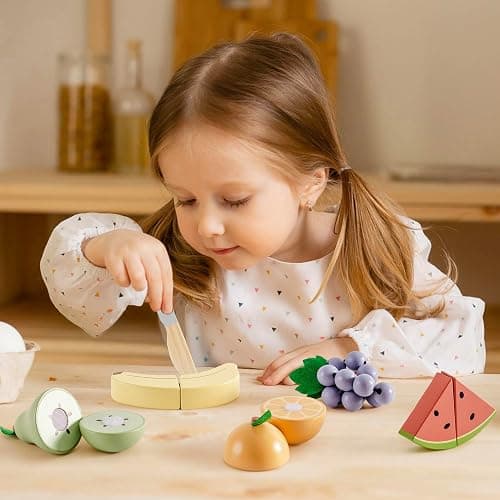 ROBOTIME Wooden Play Food Cutting Fruit Set, Pretend Play Toy Food for Play Kitchen with Shopping Bag – Kids Kitchen Accessories, Wooden Fruit Toys for Kids Boys Girls thumbnail 2