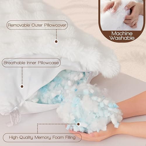 YZ HOME Faux Fur Fluffy Body Pillow for Adults - Firm Body Pillow Insert with Shredded Blue Memory Foam, Adjustable Height, Soft Support for Side Sleeping, Pregnant Women, Washable, 20x54 Inch (White) thumbnail 4