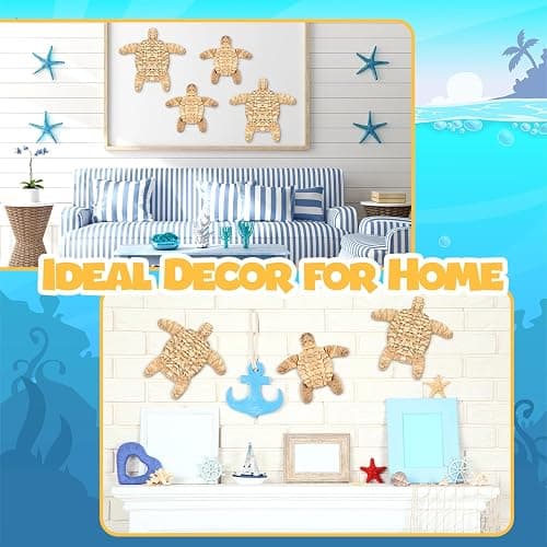 Threehoney 4 Pcs Turtle Beach Theme Decor Handmade Wicker Turtle Wall Decor Sea Life Hanging Wall Art Coastal Nautical Sculpture Table Decoration for Boho Bathroom Indoor Outdoor Ornament thumbnail 7
