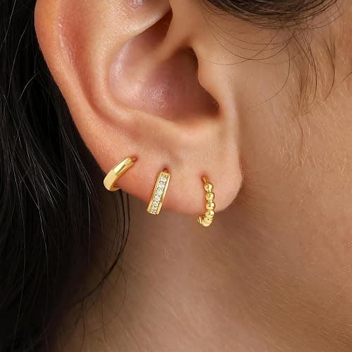 Turandoss Small Gold Hoop Earrings for Women Trendy - 14K Gold Plated Beaded Hoops Hypoallergenic Huggie Cubic Zirconia Earrings, Dainty Hoops Earring Set for Multiple Piercing thumbnail 3