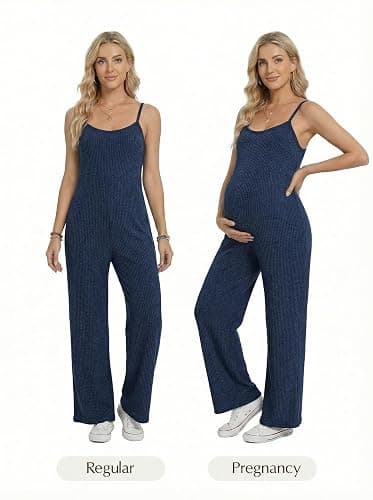BLENCOT Maternity Ribbed Jumpsuit Stretchy One Piece Wide Leg Romper | Women's Sleeveless Square Neck Adjustable Strap High Waist Casual Lounge Sets Pregnancy Clothes Fashion 2026 thumbnail 6