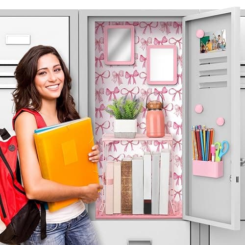Pinkunn 16 Pcs Locker Accessories Kit Locker Organizer Bow Wallpaper Magnetic Whiteboard Magnet Mirror Dry Eraser Marker Rug Magnetic Storage Cup Organizing Shelf Back to School Party Supply(Pink Bow) - Pink Bow thumbnail 5