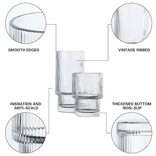 8 Pcs Ribbed Drinking Glass, 4pcs 11 oz & 4 pcs 6oz Vintage Ribbed Glassware with Cleaning Bottle Brushes, Iced Coffee Glasses, Glass Tumbler, Ribbed Highball Glasses for Ideal Gift thumbnail 4