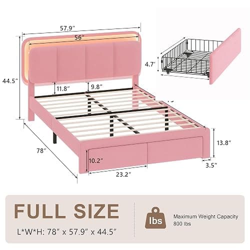 Einhomn Full Size Upholstered Bed Frame with 2 Underbed Drawers & Storage Headboard, Velvet Platform Bed with LED Lights & Charging Station, Sturdy Metal & Wood Structure, Noise-Free,Pink thumbnail 2
