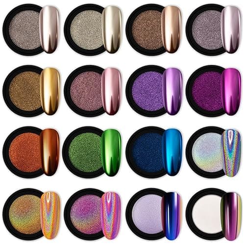 Artdone 16 Jars Chrome Nail Powder Nail Art Fimo Striping Tape Lines Decoration Metallic Mirror Effect Holographic Aurora Chameleon Pigment Powder 1g/Jar Pearl for Resin Craft & Nail Art