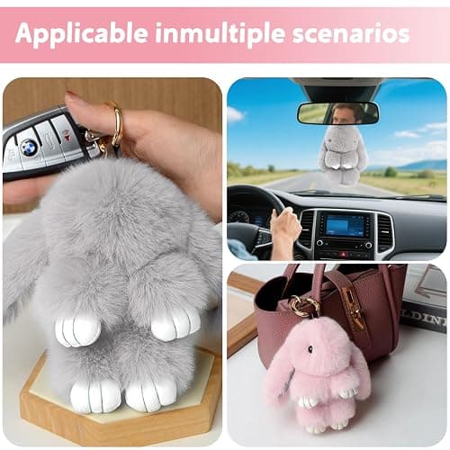 VZZNN 2 Pack Cute Bunny Plush Keychain for Backpack 5.9 Inch Handmade Soft Rabbit Pompom Pendant Rabbit Cute Plush Keychain (Pink + Gray) thumbnail 6