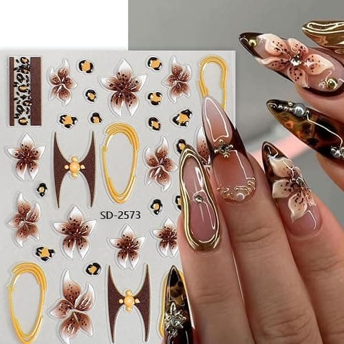 Leopard Print Nail Art Stickers 10 Sheets Fall Nail Decals with Cheetah Animal Skin 3D 5D Embossed Self-Adhesive Hibiscus Flower Designs Manicure Decorations Nail Art Supplies for Women Girls thumbnail 3