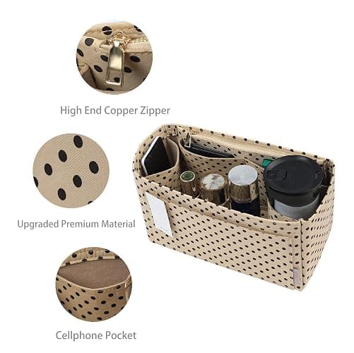 ZTUJO Purse Organizer Insert For Handbags, Silky Touching Bag Organizer Insert With Bottle Holder, Perfect for Speedy, Neverfull, Tote,ONTHEGO,Artsy,Handbag and More (small, Brown polk dots Beige) thumbnail 4