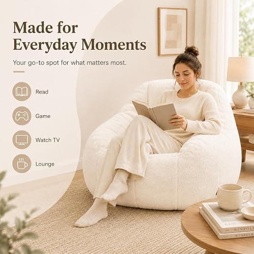Elyveont White Bean Bag Chair for Kids & Teens & Adults, Medium Bean Bag Chairs with Soft Stuffed Filling, Comfy Beanbag Sofa Fluffy Floor Lounge Chair in a Box for Reading & Relaxing thumbnail 4