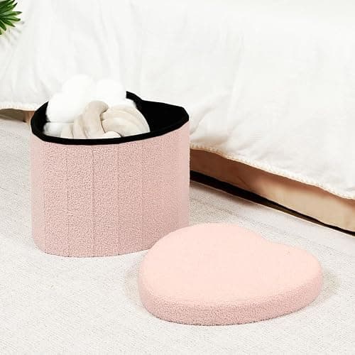 B FSOBEIIALEO Storage Ottoman Cube, Heart Shaped Ottomans with Storage Foot Stool Footrest for Lving Room, Boucle Ottoman Seat for Dorm Room,Faux Teddy Fur, Pink 15"x15"x15" thumbnail 2
