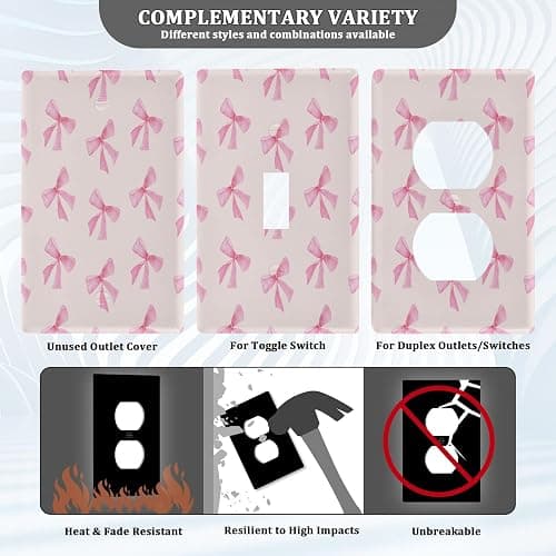 Blueangle Pink Bow Duplex Outlets Wall Plate, Standard Size 1-Gang Electrical Outlet Cover Plates for Home Office Bedroom Decorator 4.53 x 2.76 Inch thumbnail 3