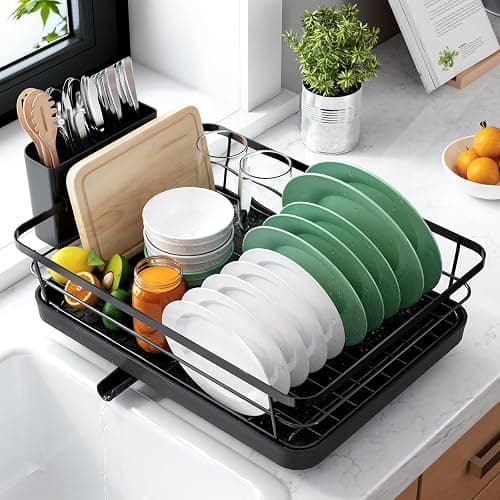 Kitsure Dish Drying Rack for Kitchen Counter, Stainless Steel Sink Organization and Storage Essentials with Cutlery Holder, Home and Appartment Decor, 12''W x 15.5''L, Black - Image 1
