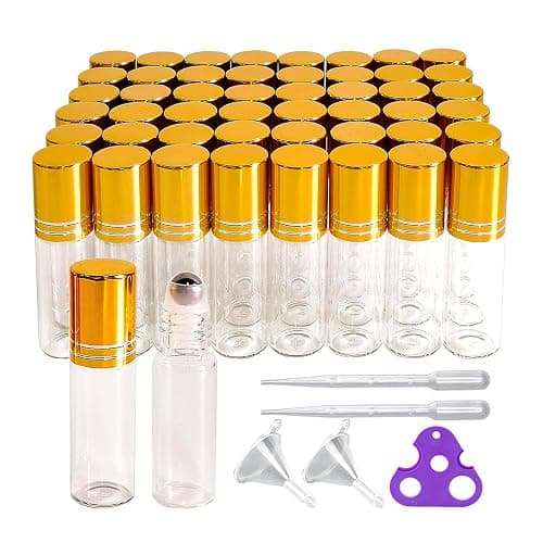 PYAWI 50 PCS 5ml Clear Glass Essential Oil Roller Bottles with Stainless Steel Roller Ball,Gold Caps,for Travel Perfume-2 Funnels, 2 Dropper, 1 Opener (5ml) - Image 1