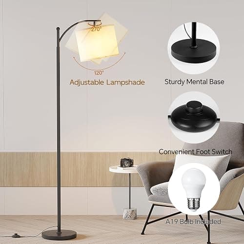 SUNMORY Arc Floor Lamp,Modern Floor Lamp with 9W 3 Color Temperatures Bulb,Metal Standing Lamps with Adjustable Hanging Lampshade,Tall Floor Lamps for Living Room,Bedroom,Office (Black) thumbnail 4