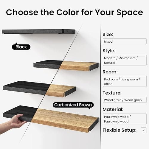 BAYKA Wall Mounted Floating Shelves, Wood Floating Wall Shelf for Books & Decor, Small Space-Saving Display & Organizer（Black，Set of 3） thumbnail 7