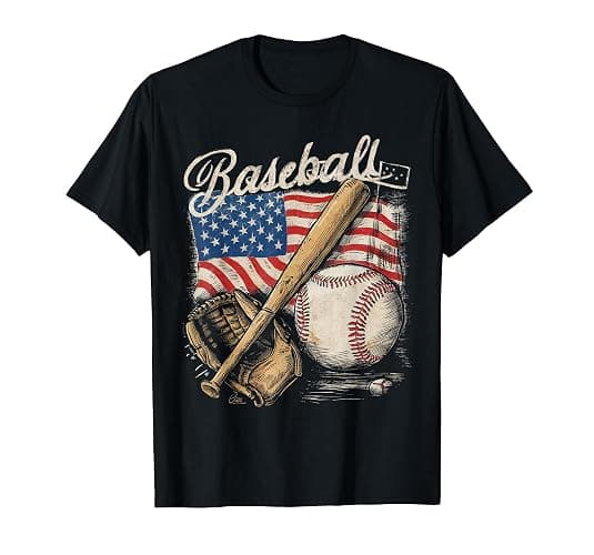 American Flag Baseball Player Bat Fan Catcher Pitcher USA T-Shirt - Image 1