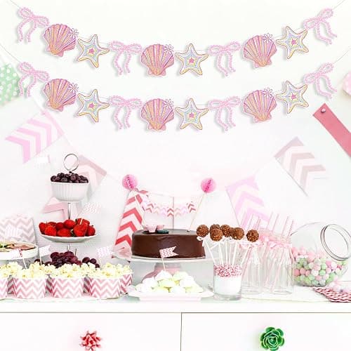 Oudain 2 Pack Pink Bow Seashell Garland for Girl 6.56 ft Pink Mermaid Seashell Party Coquette Ocean Coastal Beach Under The Sea Paper Bow Hanging Banner for Baby Shower Wedding Summer Birthday thumbnail 6
