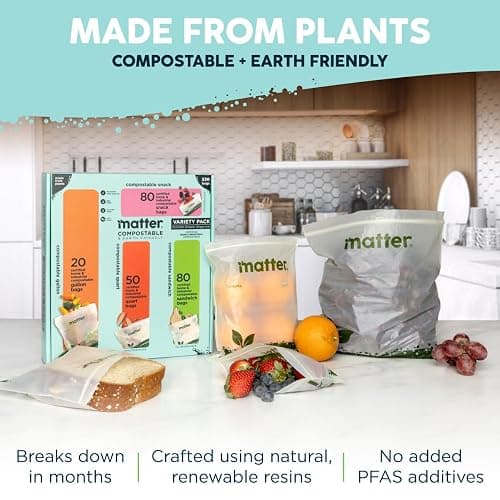 Matter Compostable Assorted Kitchen Bags, 230 Count, Biodegradable, Eco-Friendly Resealable Food Storage Variety Pack, 80 Snack, 80 Sandwich, 50 Quart & 20 Gallon thumbnail 4