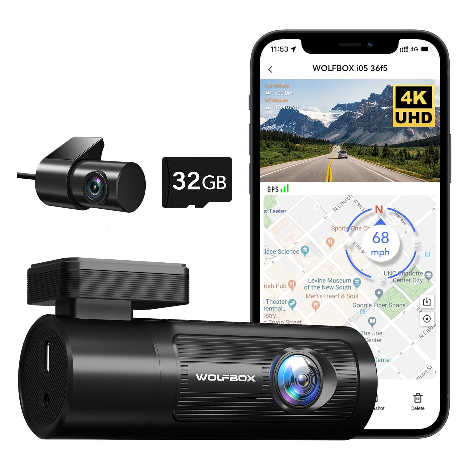 WOLFBOX Cámara Dash Cam 4K Frontal y Traseira para Carro, WiFi UHD 2160P/1080P, Incluye Tarjeta de 32 GB, GPS, WDR, Visión Nocturna, Modo Aparcamiento 24 h, Sensor G, Grabación en Bucle (hasta 256 GB) - Image 1