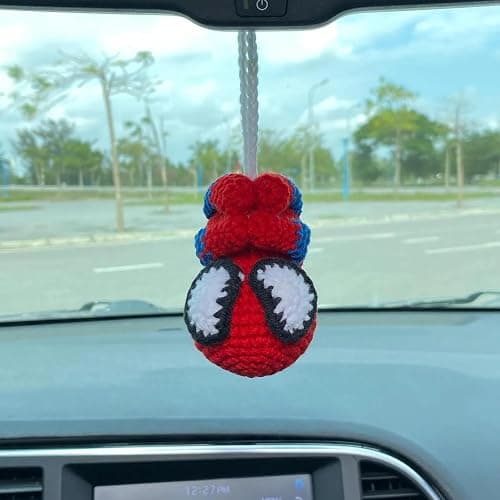 Crochet Spider Hanging Ornament, Cute Hero Rearview Mirror Decoration, Handmade Spider Amigurumi Plush, Car Charm Gift for Him or Her, Funny Car Accessory thumbnail 3