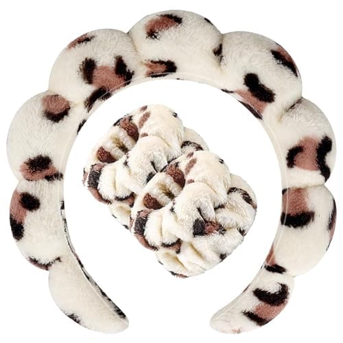 Zkptops Spa Headband for Washing Face Wristband Set Sponge Makeup Skincare Headband Wrist Plush Bubble Get Ready Hairbands for Women Puffy Headwear Non Slip Thick Thin Hair Accessory(Beige Leopard) - Image 1