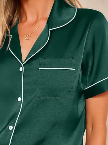 LILLUSORY Silk Satin Pajama Set for Women 2 Piece Lounge Pjs Shorts Matching Summer Sleepwear Button Down Shirt Shorts thumbnail 5