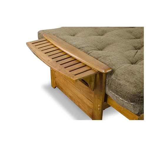 Nirvana Futons Brentwood Tray Arm Futon Frame, Drawers, and Microfiber Khaki Mattress Set - Queen, Heritage Finish thumbnail 6