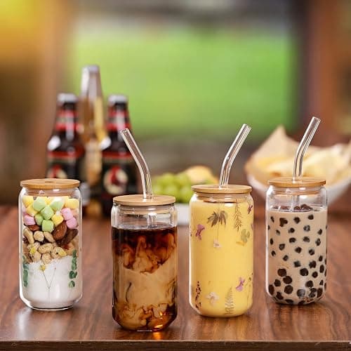 Drinking Glasses with Bamboo Lids and Glass Straw 4pcs Set - 16oz Glass Cups, Iced Coffee Glasses, Cute iced Tea Glasses, Beer Glasses, Ideal for Coffee Bar Accessories, Aesthetic Gift - 2 Brushes thumbnail 2