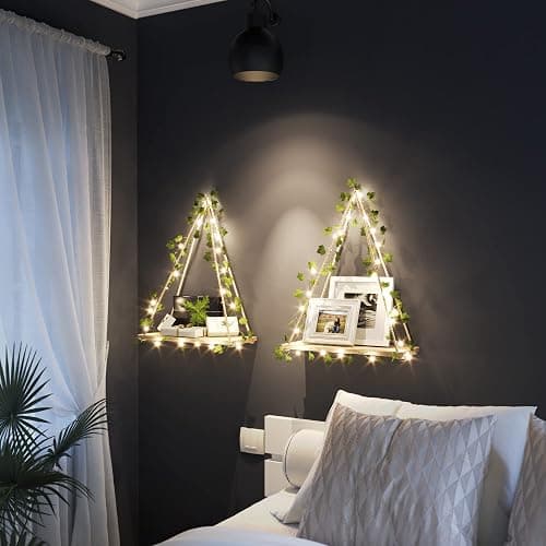 RICHER HOUSE Artificial Ivy LED-Strip Wall Hanging Shelves Set of 2, Macrame Shelf for Bedroom Living Room Kitchen, Wood Hanging Plant Shelves for Wall Décor, Thanksgiving & Christmas Decorations thumbnail 4