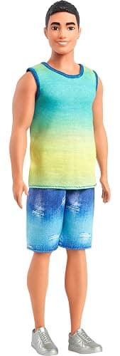 Barbie Fashionistas Ken Doll #236 with Black Hair, Wearing Blue and Green Ombre Tank with Jean Shorts and Silver Sneakers - Image 1