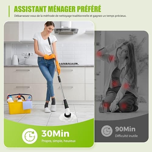 YKYI Brosse électrique Nettoyage rotative avec 8 têtes, Manche Extensible, 2 Vitesses, Batterie 2500mAh, étanche IPX7 – Brosse Nettoyage Salle de Bain et Cuisine thumbnail 5