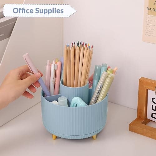 SKYDUE 360 Degree Rotating Desk Organizer, Dual-Purpose Pencil Pen Holder, Rotating Desk Pen Organizer with 5 Slots, Pencil Cup for Office, School, Home (Airy Blue) thumbnail 2