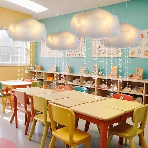 Marsui Artificial Cloud Props LED Hanging Cloud Light String Fake Imitation 3D Cotton Classroom School Decor Raindrop for Room Ceiling Baby Shower Party Wedding Nursery Classroom Wall DIY Decor(4 Pcs) thumbnail 6