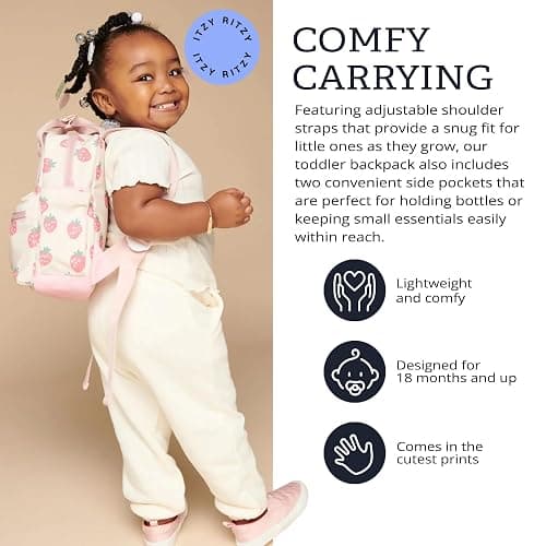 Itzy Ritzy Toddler Backpack - Daycare Bag - Features Adjustable Shoulder Straps, 2 Side Pockets & Spacious Interior with Wipeable Fabric Lining & Name Label, Strawberry Backpack thumbnail 4