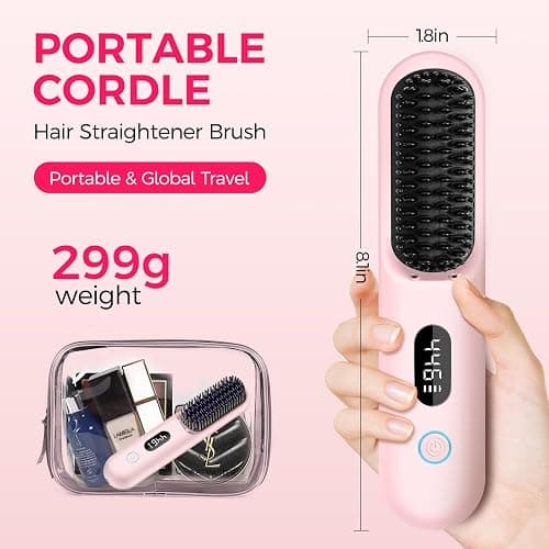 Cordless Hair Straightener Brush, Portable Mini Straightening Brush for Travel, Negative Ionic Hot Comb Straightener, Rechargeable Hair Brush Straightener for Women, Lightweight on-The-go, Pink thumbnail 3