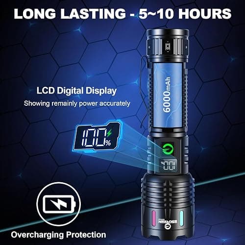 Esgreen Rechargeable Flashlights High Lumens 10000 Single 2 Modes, Super Bright LED Flashlight USB C Long Distance 3280ft, Powerful Long Lasting 10H Heavy Duty Strong Flash Light for Camping Hiking thumbnail 8