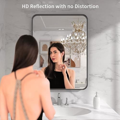 LOAAO Black Metal Framed Bathroom Mirror for Wall, 22X30 Inch Rounded Rectangle Mirror, Matte Black Bathroom Vanity Mirror Farmhouse, Anti-Rust, Hangs Horizontally or Vertically thumbnail 3
