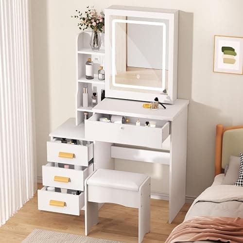 balurukt Vanity Desk with Sliding Mirror and Lights,Makeup Vanity Set with 6 Storage Shelves 4 Drawers Dressing Table for Bedroom Dressing Room Hidden Storage Space(White) White thumbnail 5
