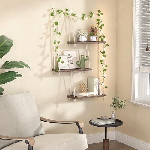 REFGY Hanging Shelves for Wall with Vine Lights, 3 Tier Rope Wall Hanging Plant Shelf, Boho Wall Decor Aesthetic for Succulents, Bedroom, Living Room, Bathroom (Rustic Brown) thumbnail 2