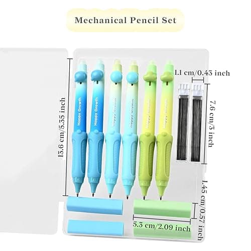 Temiary Cute Mechanical Pencil Set with Case, 6 Pcs Medium Point 0.9 mm Pencils with 2 Tubes HB Lead Refills, 4 Pcs Erasers for School Supplies Student Writing, Drafting Sketching (Morandi) thumbnail 3