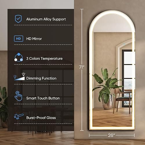 DUMOS Arched Full Length Mirror with Light- 26"×70" LED Floor Standing Mirror with 3 Color Lights & Wall Mounted for Bedroom, Dressing Room, Living Room, Bathroom thumbnail 3