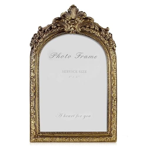 Cuspin Vintage 4x6 Picture Frame, Gold Ornate Resin Frames with Plexiglass Front for Tabletop and Wall Mounting, Antique Arched Photo Frame for Home Office Decor - Image 1