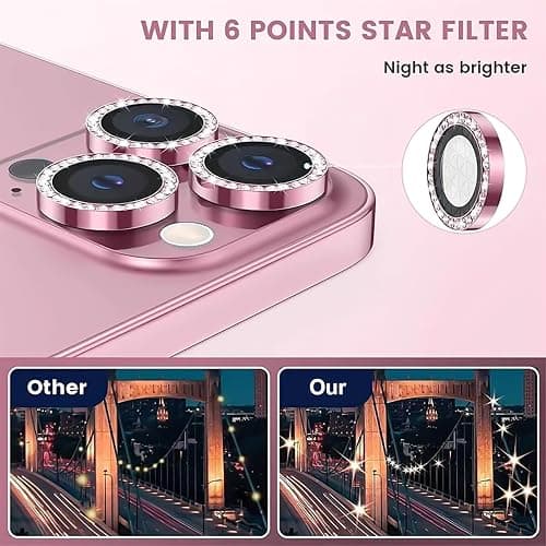 Oelrstfe Camera Film for iPhone 15 Pro/15 Pro Max, Rear Lens Protection Tempered Glass, HD Clear Lens Screen, 9H Hardness Anti-Scratch Ultra Resistant Glitter Camera, Pink thumbnail 5