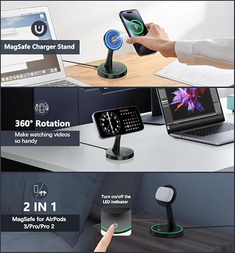 Magnetic Wireless Charger Stand 15W Fast Mag-Safe Charger for iPhone 17/17 pro/ 17 Air/ 17 pro max 16/15/14/13/12 Series Magnet Wireless Charging Station/Pad with Sleep-Friendly Light for AirPods thumbnail 2