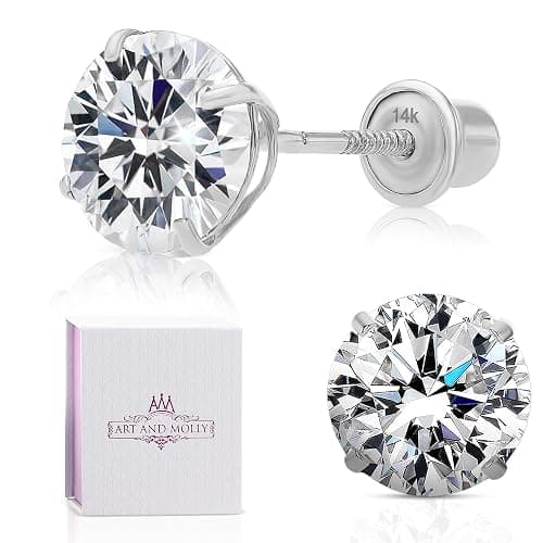 Art and Molly 14K Solitaire Gold Earring Solid 14-Karat Round Cubic Zirconia Stud Earrings with Screw-Back, CZ Studs with Gift-Ready Box - Image 1