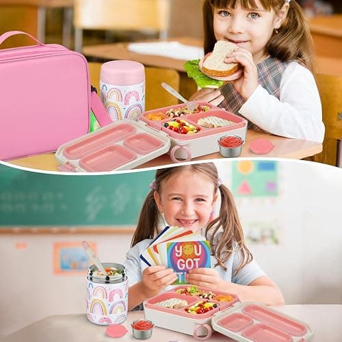 wiwens Bento Lunch Box for Kids with 12oz Soup Thermo Leak-Proof Lunch Food Container with 5 Compartment Thermo Hot Food Jar and Insulated Lunch Bag for Kid Toddler Girls Boys to School thumbnail 7