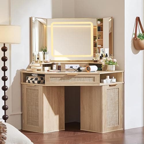 Lerliuo LEYAOYAO Fluted Makeup Vanity Desk with Mirror and Lights, 43.5'' Blue Vanity Table with Glass Top and Power Outlet, Make Up Vanity with 6 Drawers and Adjustable Shelves for Bedroom - Image 1