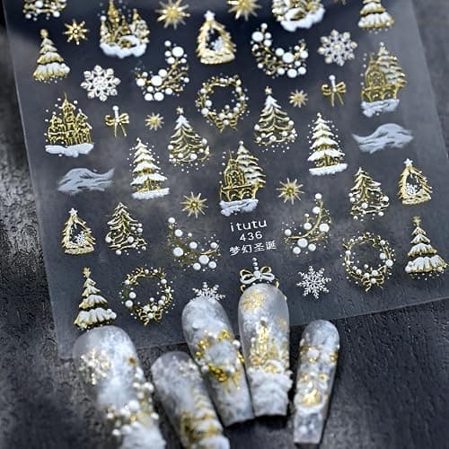 Gold Christmas Nail Stickers for Nail Art White Snowflake Nail Decals Deisgn 5D Embossed Gold Bow Xmas Tree Nail Art Stickers Christmas Nail Supplies for Women Gilrs Nails Decoration Accessories thumbnail 3
